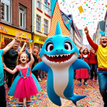 **Prompt:** A group of diverse children and adults joyfully dancing to "Baby Shark" at a brightly lit Karneval celebration in Cologne, Germany. Confetti and streamers fill the air.