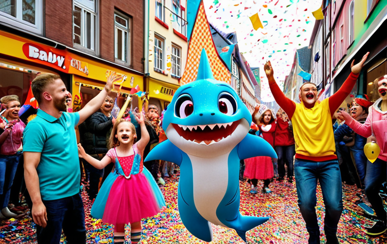 **Prompt:** A group of diverse children and adults joyfully dancing to "Baby Shark" at a brightly lit Karneval celebration in Cologne, Germany. Confetti and streamers fill the air.