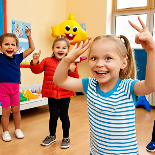 **

A group of young German children (ages 3-6) happily dancing the "Baby Shark" dance in a kindergarten setting (a *Kindergarten*). They are using the hand gestures to represent the different sharks. The room is bright and colorful, with typical German children's toys visible in the background. Focus on capturing the joy and energy of the children. The scene is cheerful and inviting, typical of a German *Kindergarten*.

**