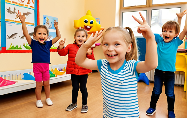**
A group of young German children (ages 3-6) happily dancing the "Baby Shark" dance in a kindergarten setting (a *Kindergarten*). They are using the hand gestures to represent the different sharks. The room is bright and colorful, with typical German children's toys visible in the background. Focus on capturing the joy and energy of the children. The scene is cheerful and inviting, typical of a German *Kindergarten*.
**