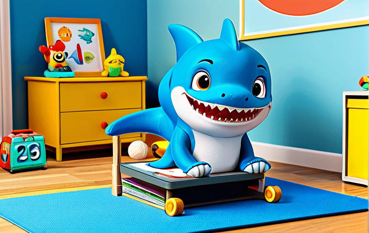 Interactive Learning with Baby Shark**
A brightly colored children's room with a young child (age 6) fully clothed and wearing glasses, sitting on the floor playing an interactive learning game on a tablet featuring Baby Shark characters. The tablet screen shows a fun math problem. Toys and books are scattered around the room. Style: Cartoon illustration, vibrant colors, playful design, perfect anatomy, correct proportions, natural pose. Safe for work, appropriate content, fully clothed, modest, family-friendly.
**