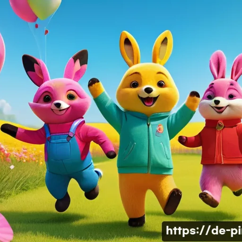 핑크퐁의 색감과 디자인 - A group of cheerful, rounded Pinkfong-style animal characters (e.g., a bright pink fox, a sunny yell...