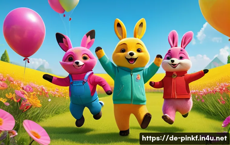 핑크퐁의 색감과 디자인 - A group of cheerful, rounded Pinkfong-style animal characters (e.g., a bright pink fox, a sunny yell...