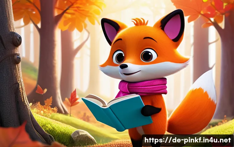 핑크퐁 주변 캐릭터 소개 - A vibrant and colorful digital illustration of Pinkfong, the clever little red-orange fox, with larg...