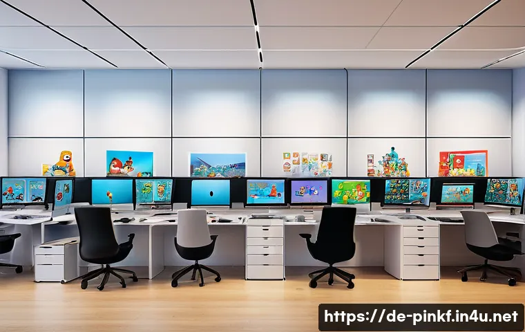 핑크퐁 콘텐츠 제작 비용 - A vibrant and dynamic creative team workspace in a modern German animation studio, featuring diverse...