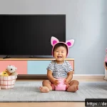 핑크퐁 커스텀 영상 만들기 - A cozy family living room scene in Germany, featuring a toddler wearing a colorful diaper sitting at...