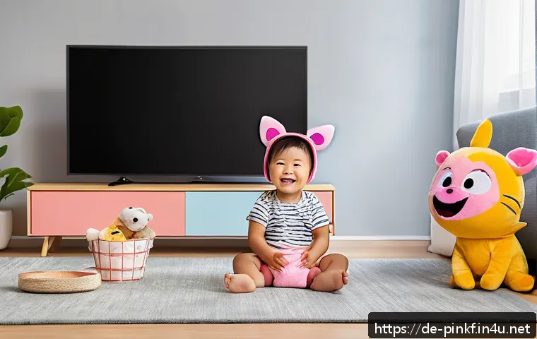 핑크퐁 커스텀 영상 만들기 - A cozy family living room scene in Germany, featuring a toddler wearing a colorful diaper sitting at...