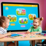 핑크퐁 신규 콘텐츠 업데이트 - A vibrant and colorful digital classroom scene featuring happy preschool children aged 2-6 actively ...