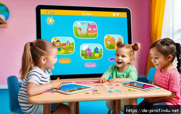 핑크퐁 신규 콘텐츠 업데이트 - A vibrant and colorful digital classroom scene featuring happy preschool children aged 2-6 actively ...
