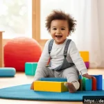 핑크퐁 플래시카드 - A bright and colorful children&rsquo;s playroom scene featuring a toddler wearing a diaper, happily intera...