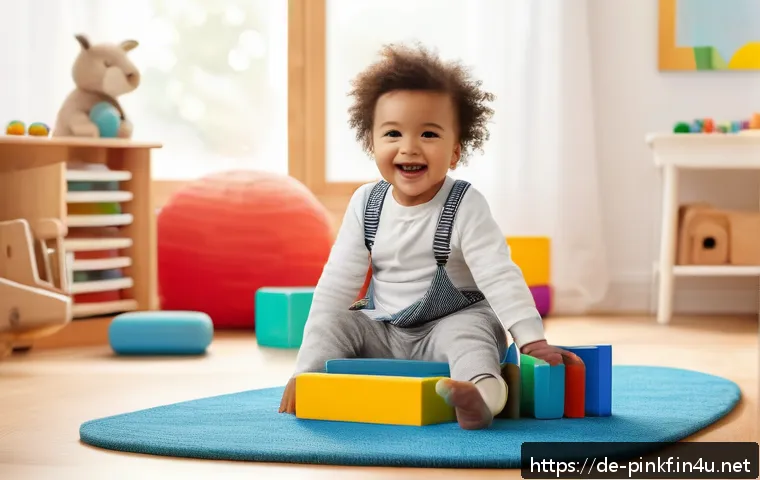 핑크퐁 플래시카드 - A bright and colorful children’s playroom scene featuring a toddler wearing a diaper, happily intera...