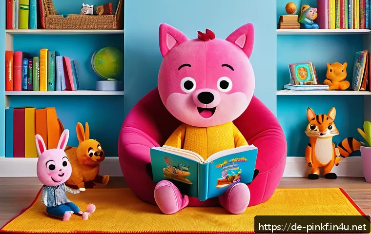 핑크퐁 그림책 추천 - A vibrant and colorful children's storybook scene featuring Pinkfong characters engaging in playful ...