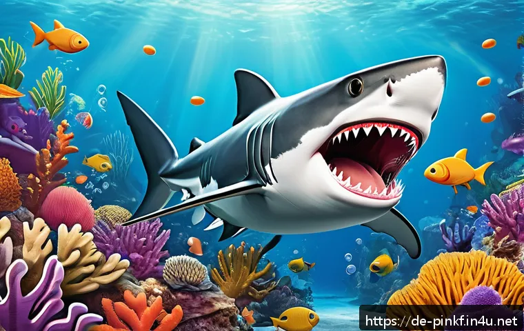 아기상어 유튜브 조회수 - A colorful, vibrant digital illustration of a cheerful cartoon shark family designed for young child...