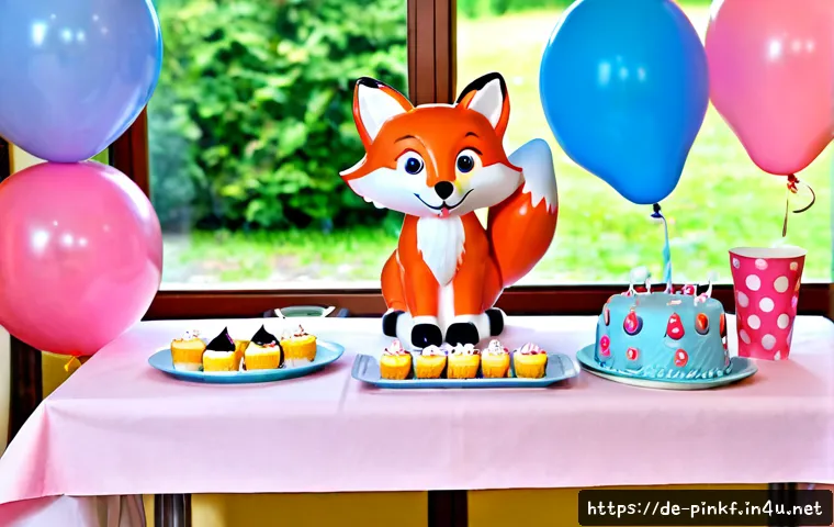핑크퐁 파티용품 - Photorealistic children’s birthday party table in a bright German family home, cheerful pink fox-ins...
