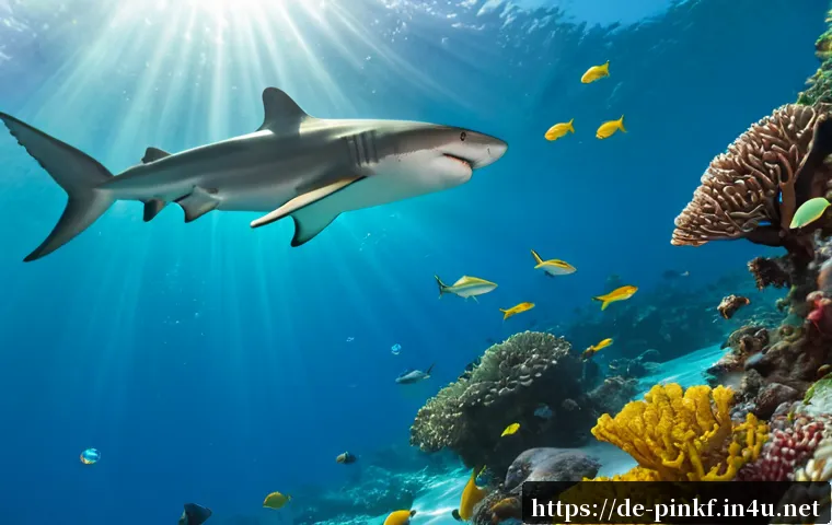 아기상어 바이럴 영상 - Photorealistic cheerful underwater scene featuring a friendly small yellow shark swimming with two l...